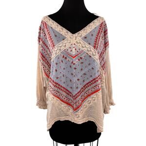 Free People Prairie Days Multi Blouse Linen Lace-Trim Dolman Sleeve Size Large L